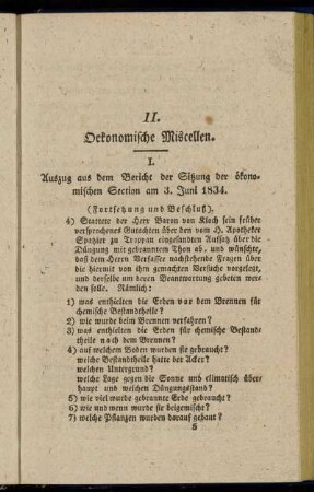 1. Auszug aus dem Bericht der Sitzung der ökonomischen Section am 3. Juni 1834