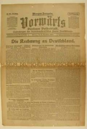 Zentralorgan der SPD "Vorwärts" zu den Reparationsforderungen der Siegermächte des 1. Weltkrieges