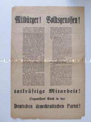 Maueranschlag der Deutschen Demokratischen Partei zur Lage nach dem Scheitern des Kapp-Putsches