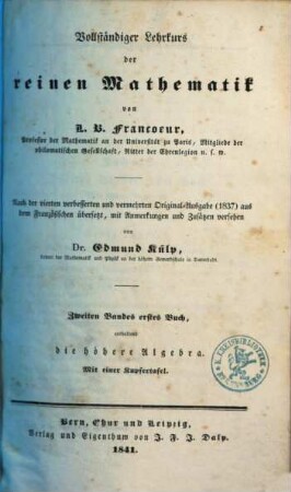 Vollständiger Lehrkurs der reinen Mathematik, 2,1. Die höhere Algebra