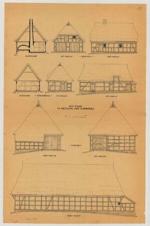 Neschow (Kreis Schönberg): Hof Baars. - Backhaus (Südansicht, Westansicht, Querschnitt). - Schweinestall (Ostansicht, Aüdansicht, Querschnitt). - Scheune (Nordansicht, Ostansicht, Westansicht)