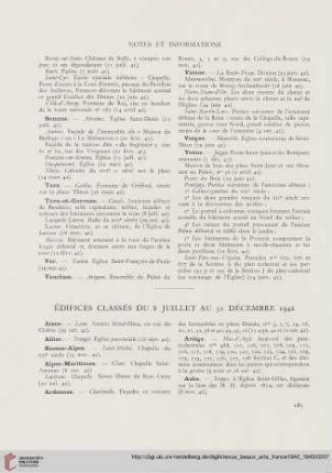 Édifices classés du 8 Juillet au 31 Décembre 1942