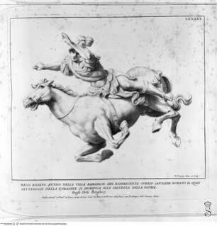 Raccolta di statue antiche e moderne / data in luce sotto i gloriosi auspicj di N.S. Papa Clemente XI. da Domenico de Rossi. Illustrata colle sposizioni a ciascheduna immagine di Paolo Alessandro Maffei Roma : Stamperia alla Pace Domenico de Rossi, 1704.Relief des römischen Soldaten Marcus Curtius, der sich mit seinem Pferd in einem Erdspalt stürtzte um Rom zu retten (Tafel LXXXIII) - Raccolta di statue antiche e moderne...
