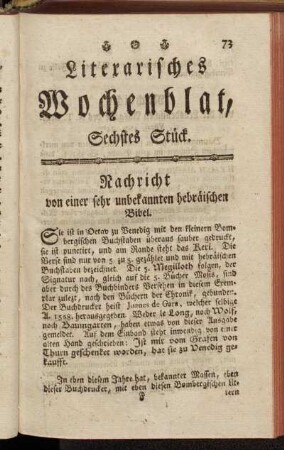 Literarisches Wochenblat, Sechstes Stück.