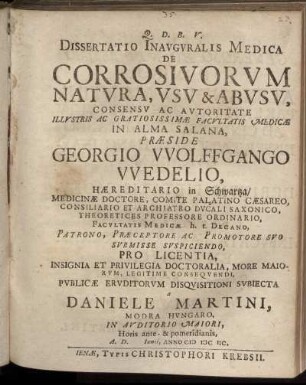 Dissertatio Inauguralis Medica De Corrosivorum Natura, Usu & Abusu