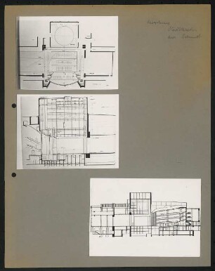 Stadttheater, Augsburg Wiederaufbau: Grundriss Bühne, Längsschnitt Bühne, Längsschnitt