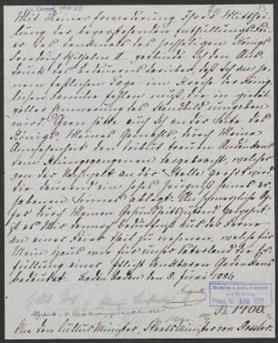 Brief an den Kultusminister, Staatsminister von Gossler : 8. Juni 1886