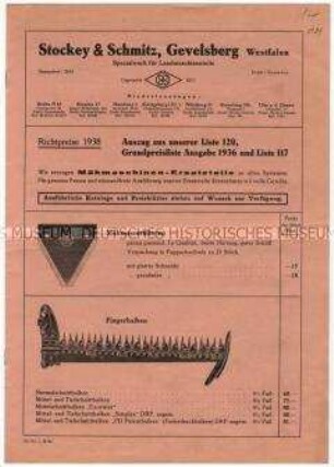 Auszug aus der Preisliste Nr. 120 über Mähmaschinen-Ersatzteile