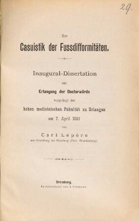 Zur Casuistik der Fussdifformitäten : Inaug.-Diss. der Univ. Erlangen