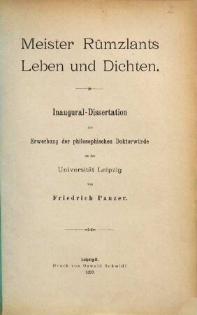Meister Rumzlants Leben und Dichten