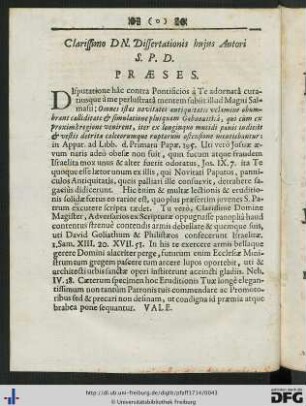Clarissimo D. N. Dissertationis hujus Autori S. P. D. Praeses.