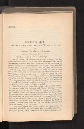 Gedächtnisrede bei der akademischen Trauerfeier für Professor Dr. Gustav Glogau, gest. am 22. März 1895 zu Laurion (Attika).