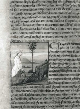 Miniatur und Textseite : Miniatur und Textseite. Pergament; 40 x 37 mm (Miniatur) (1401/1500). Aus: Boccaccius, Johannes: De mulieribus claris. Dresden: SLUB Mscr. F 171b, 10v