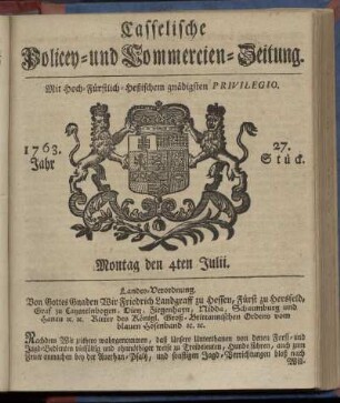 27. Stueck, Montag den 4ten Julii 1763