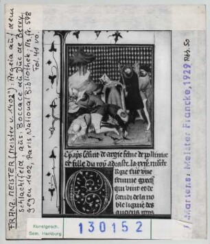 Paris, Bib. Nat.: MS fr. 598, fol. 41v (Meister von 1402, Boccaccio des Herzogs von Berry): Argeia auf de Schlachtfeld