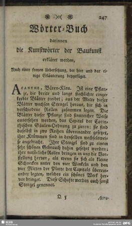 Wörter-Buch darinnen die Kunstwörter der Baukunst erkläret werden