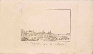Stadtansicht von Dresden, Blick vom Ausschiffungsplatz am linken Elbfer nach Südwesten auf die Altstadt und die Augustusbrücke im Hintergrund, im Vordergrund Schlittschuhläufer auf der zugefrohrenen Elbe