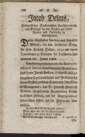 Jacob Delius, Hochgräflicher Stolbergischer Consistorialrath, und Prediger bei den Kirchen zur lieben Frauen und Theobalds in Wernigerode.