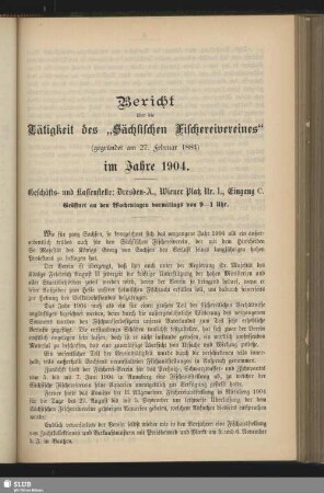 Bericht über die Tätigkeit des "Sächsischen Fischereivereines" im Jahre 1904
