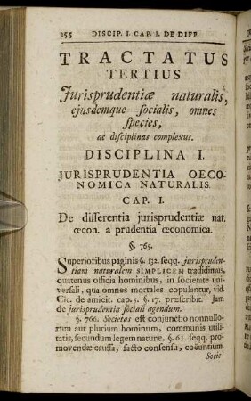 Tractatus Tertius. Jurisprudentiæ naturalis, ejusdemque socialis, omnes species ... Disciplina I. Jurisprudentia Oeconomica Naturalis.