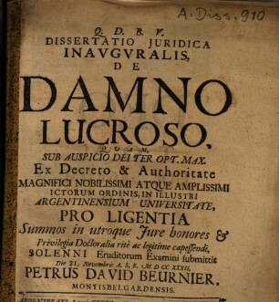 Dissertatio Iuridica Inauguralis, De Damno Lucroso