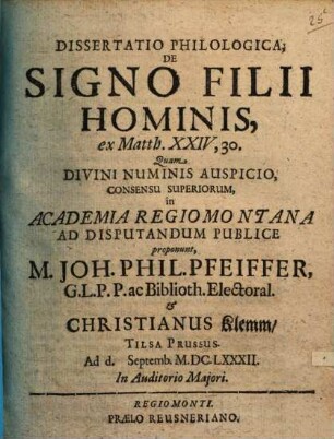Dissertatio Philologica, De Signo Filii Hominis, ex Matth. XXIV,30.