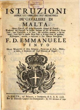 Istruzione sopra gli Oblichi ... de'Cavalieri di Malta