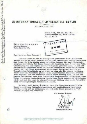 Brief von Berlinale-Festspielleiter Dr. Alfred Bauer an CCC, 23.05.1957