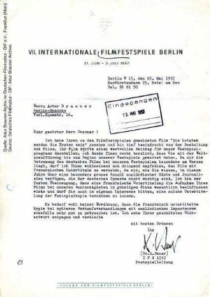 Brief von Berlinale-Festspielleiter Dr. Alfred Bauer an CCC, 23.05.1957