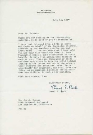 Korrespondenz von Pearl S. Buck an Justin Turner