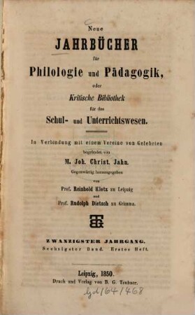 Neue Jahrbücher für Philologie und Pädagogik. 60 = Jg. 20. 1850