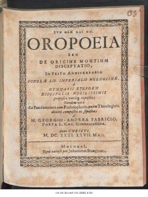 Oropoeia Seu De Origine Montium Disceptatio