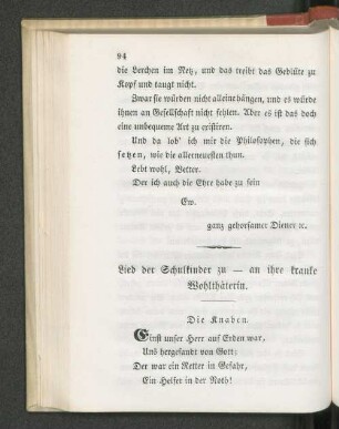 Lied der Schulkinder zu _ an ihre kranke Wohlthäterin.