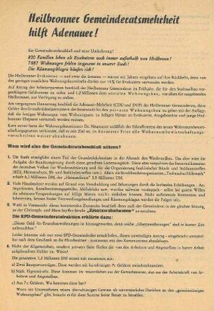 "Heilbronner Gemeinderatsmehrheit hilft Adenauer!" Flugblatt der KPD zu Wohnungsbaubeschlüssen des Gemeinderats am 30.7