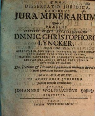 Diss. iur. exhibens iura minerarum