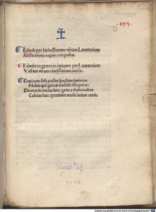 Fabulae : Mit Widmungsbrief an Pollio Gerus Vadius von Domitius Palladius und des Autors an Octavianus Ubaldinus. Mit Widmungsgedichten an den Autor von Domitius Palladius, Petrus Paulus Phantinus und Johannes Antracinus