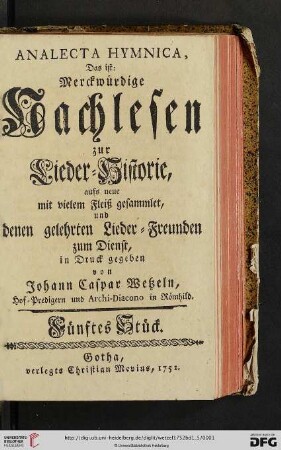 1,5: Analecta Hymnica: Das ist: Merckwürdige Nachlesen zur Lieder-Historie