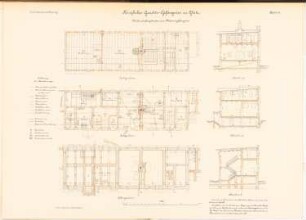Gericht und Gefängnis, Glatz: Wirtschaftsgebäude zum Männergefängnis: Grundrisse KG, EG, DG, 3 Schnitte 1:100