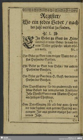 Register, Wo ein jedes Gebet, nach der Zahl und blat zu finden