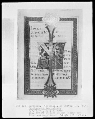 Reichenauer Evangeliar — Initialseite IN, Beginn des Johannesevangeliums, Folio 187recto