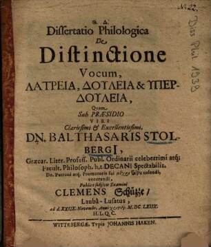 Dissertatio Philologica De Distinctione Vocum, Latreia, Duleia & Hyperduleia