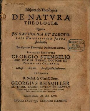 Disputatio Theologica De Natvra Theologiae