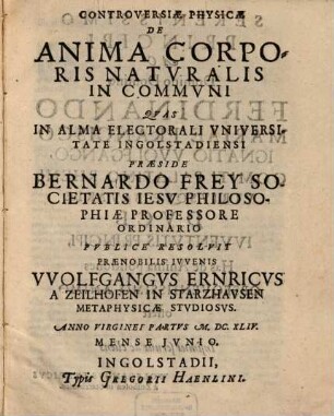 Controversiæ Physicæ De Anima Corporis Naturalis In Communi