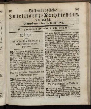 XX. Stück. Sonnabends: den 19. May, 1787.