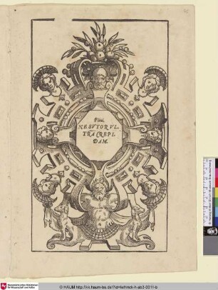 [Kartusche mit Masken und Zitat von Plinius; Achthoekige cartouche met een citaat van Plinius]