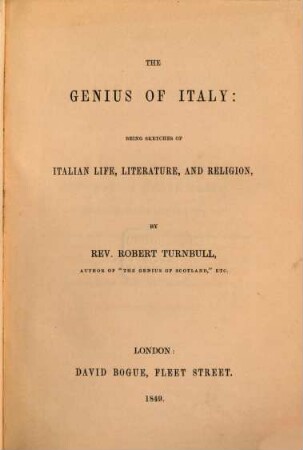 The genius of Italy: being sketches of Italian life literature and religion
