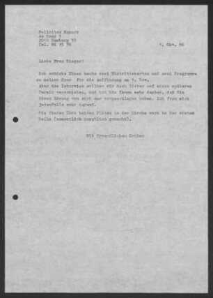 Brief: Felicitas Kukuck Eva Rieger, 01.10.1986