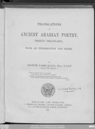 Translations of ancient Arabian poetry, chiefly pre-Islamic, with an introduction and notes