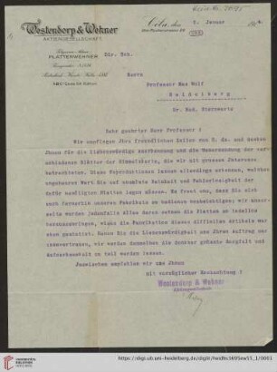 Briefe von Westendorp & Wehner AG: Brief von Westendorp & Wehner A.G. Photographische Platten (Köln) an Max Wolf
