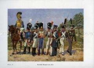 Uniformdarstellung, Infanteristen, Jäger, Artilleristen und Kavalleristen verschiedener deutscher Staaten, um 1820.